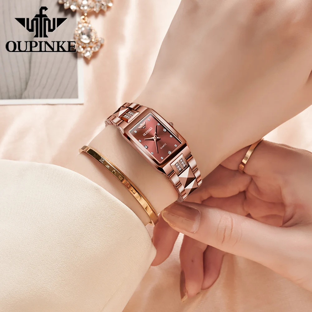 OUPINKE Luxury Watch For Woman Rose Gold Tungsten Steel Diamond Ladies Quartz Watch Waterproof Women Watches reloj para mujer