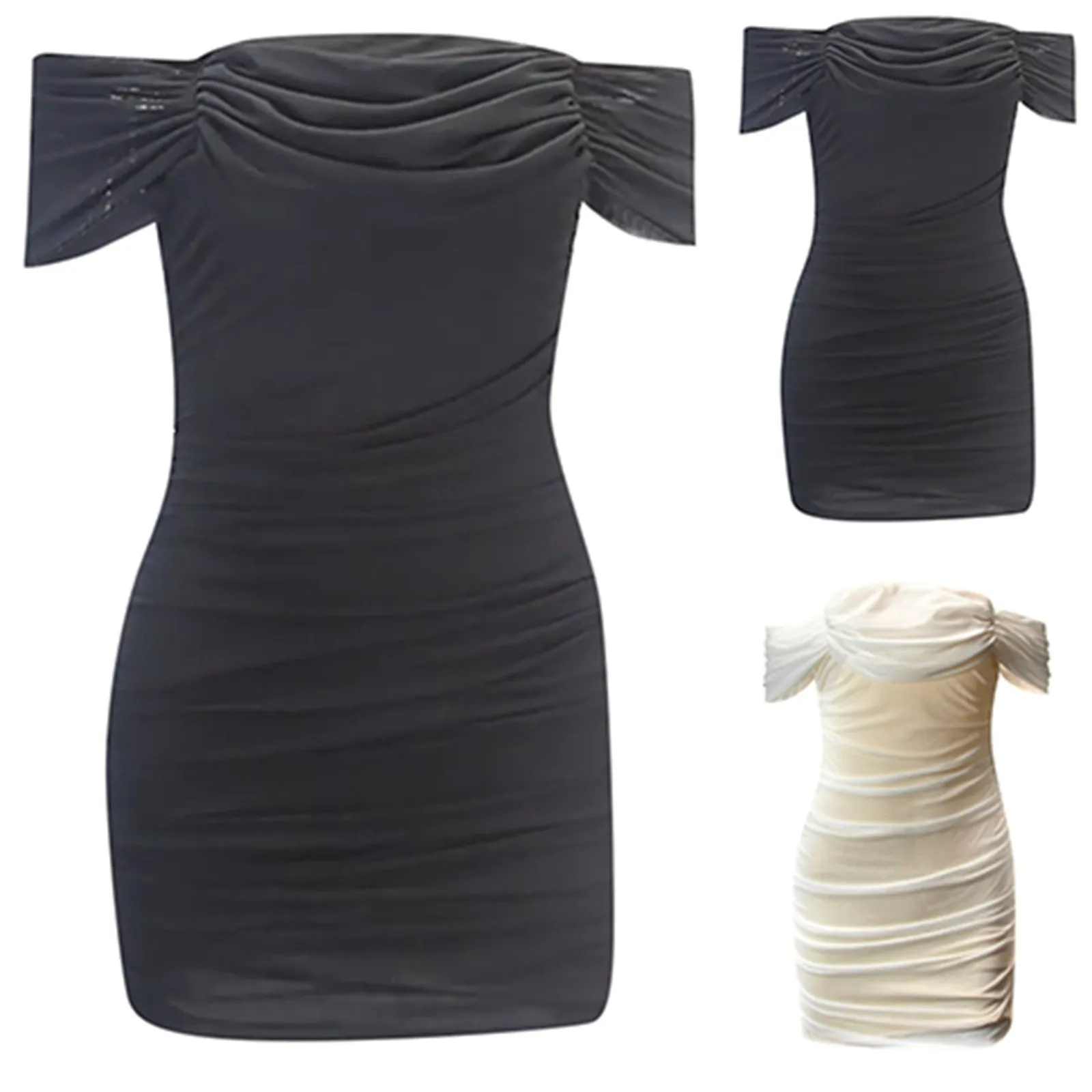 Mode Off Shoulder Vrouwen Mini Ruches Bodycon Jurk Mouwloze Backless Korte Slank Getailleerde Jurk Elegante Club Feestjurken