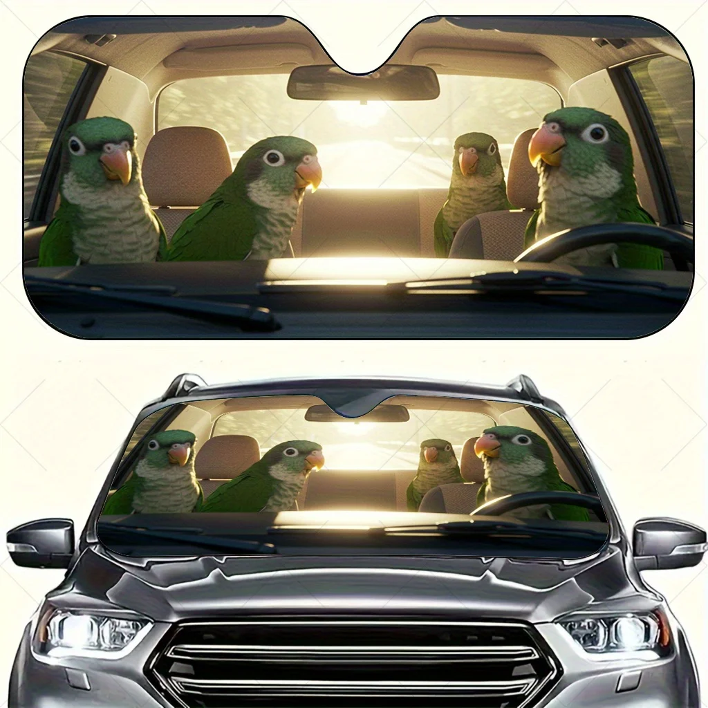 1pc 2D FLAT PRINTING Four Parrots Car Travel Pattern Design RV Front Window Windshield Sun Shade With 4 Free Suction Cups Foldab