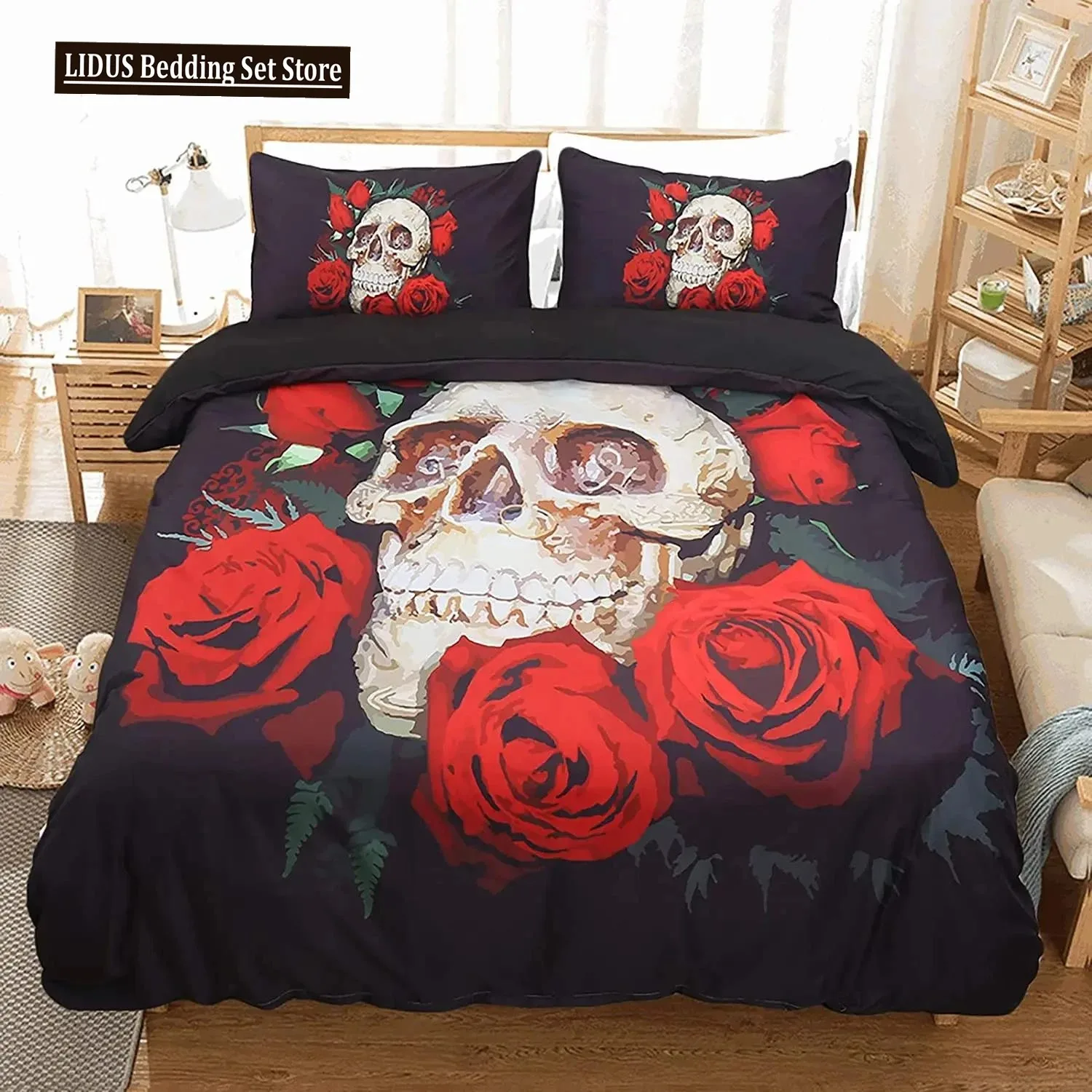 

Red Rose Skull Bedding Duvet Cover Set 3D Floral Skull Printed Duvet Cover With Zipper,Soft Microfiber Gothic Decor Bedding Set