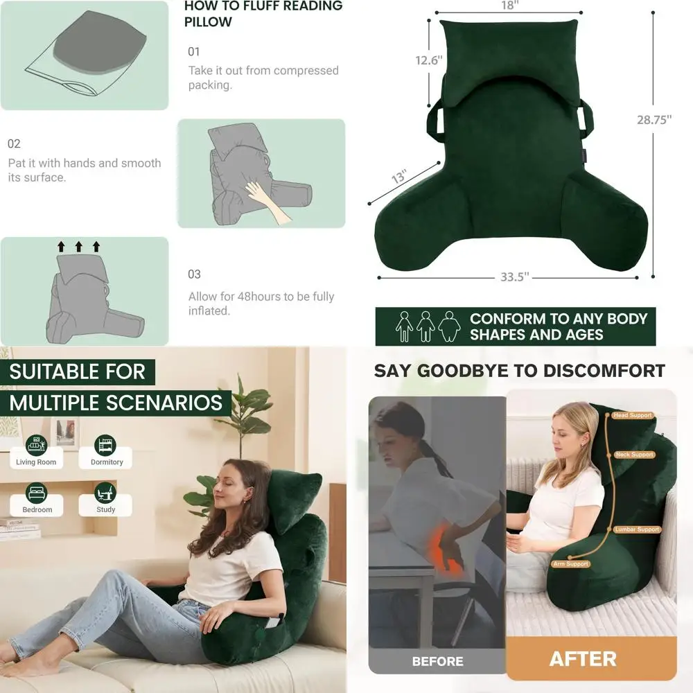 

Экологически чистая темно-зеленая подушка для чтения с подголовником, бархатной спинкой, подлокотниками и карманами для взрослых, поддержка из пены с эффектом памяти