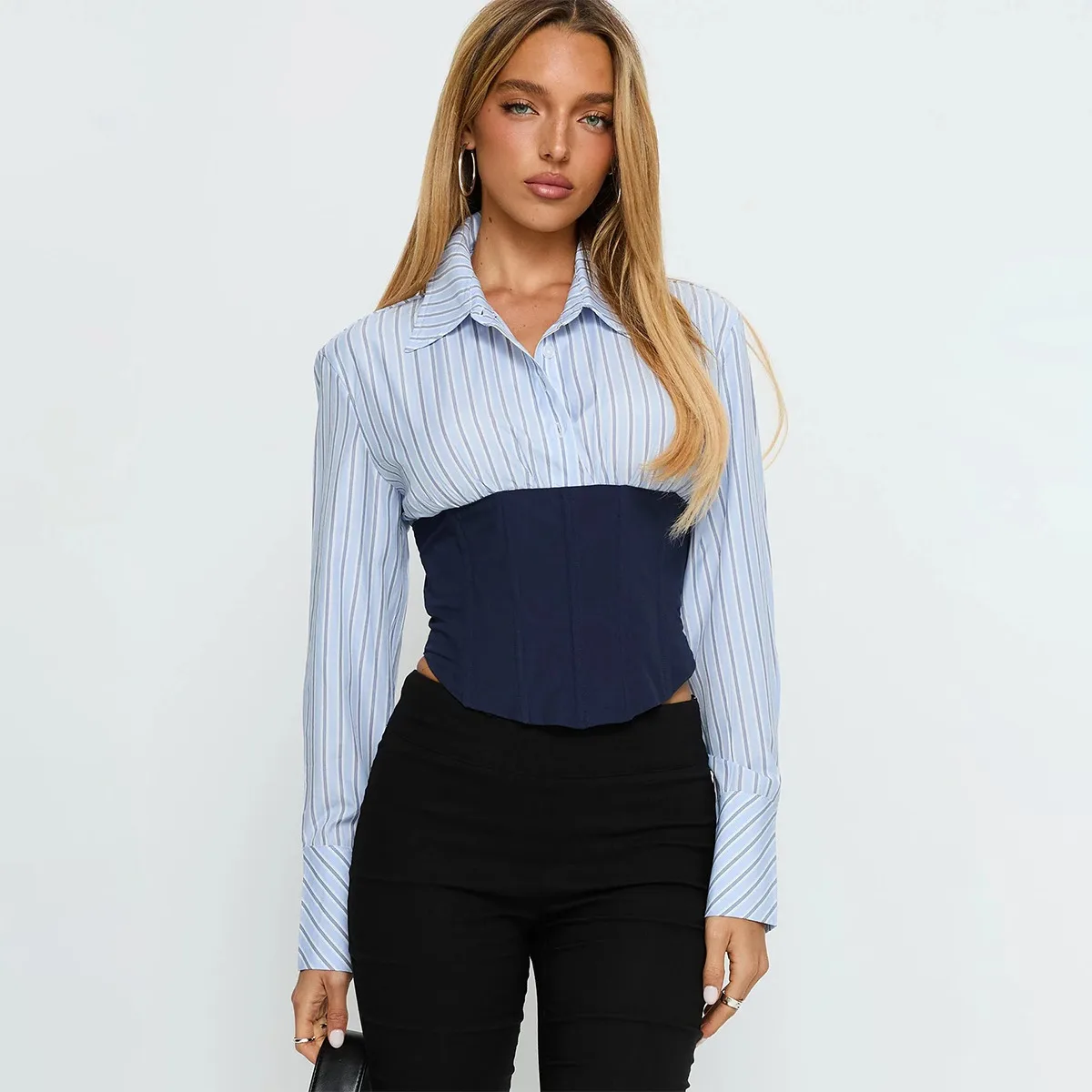 

Apprabant осень-зима новая полосатая рубашка с пуговицами контрастная женская рубашка с воротником с лацканами тонкий с длинным рукавом элегантный офисный минималистичный повседневный топ