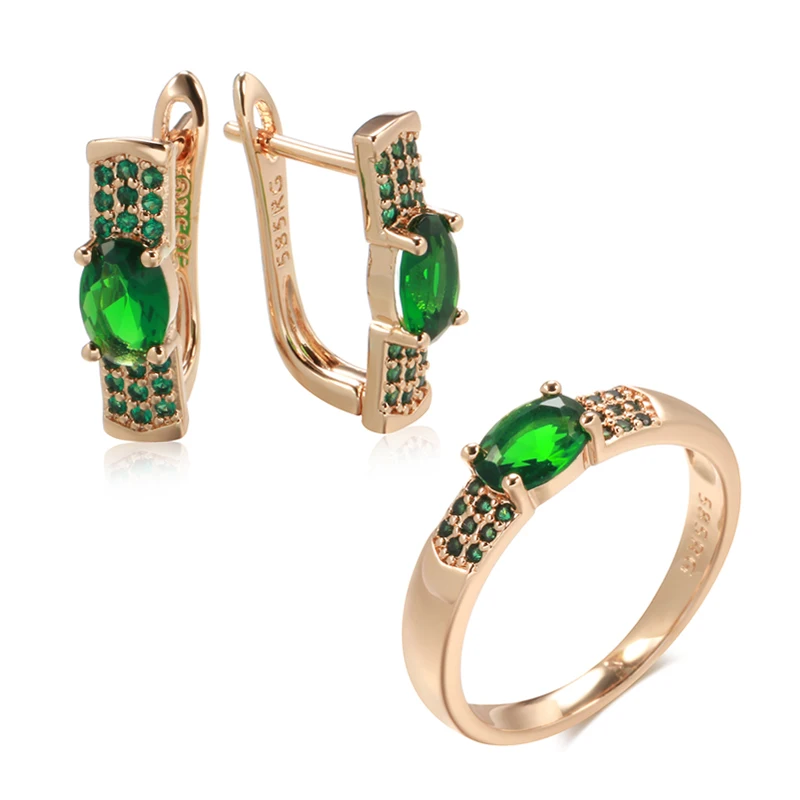 Kinel New Vintage Earrings Ring Sets for Women 585 Rose Gold With Emerald Round Cut Natural Zircon Clip Earring Fashion Jewelry