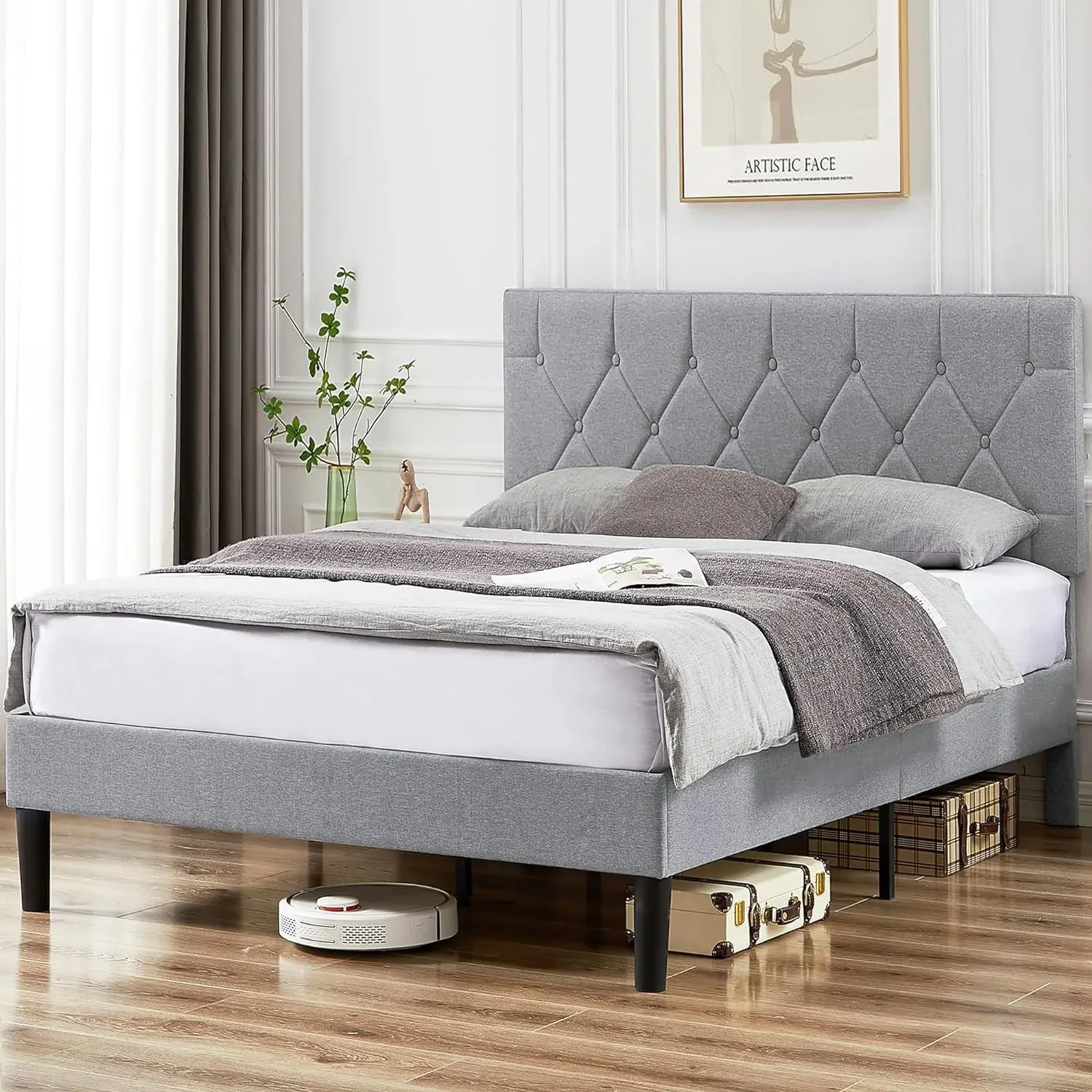 Full Size Bed Frame, Upholstered Platform with Adjustable Button Tufted Headboard, Wood Slat Support, No Box Spring Needed