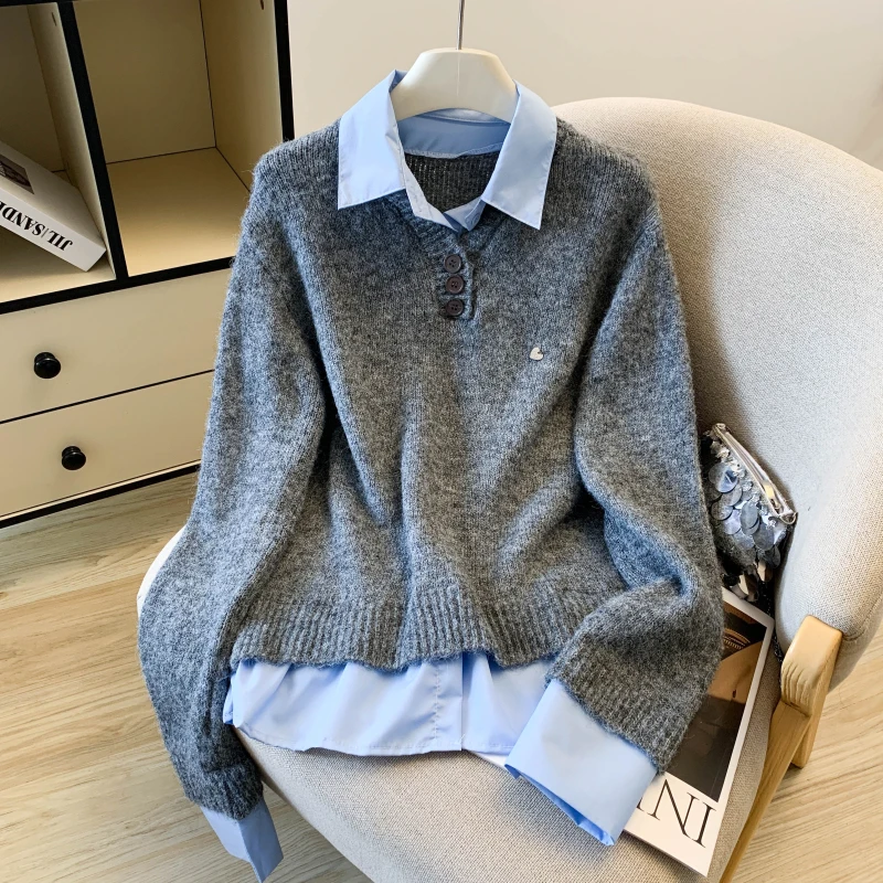 

Женский свободный вязаный свитер Long Sve, искусственный дизайн из двух предметов, осень-зима Faion Ci Walk, мягкий дышащий топ с воротником