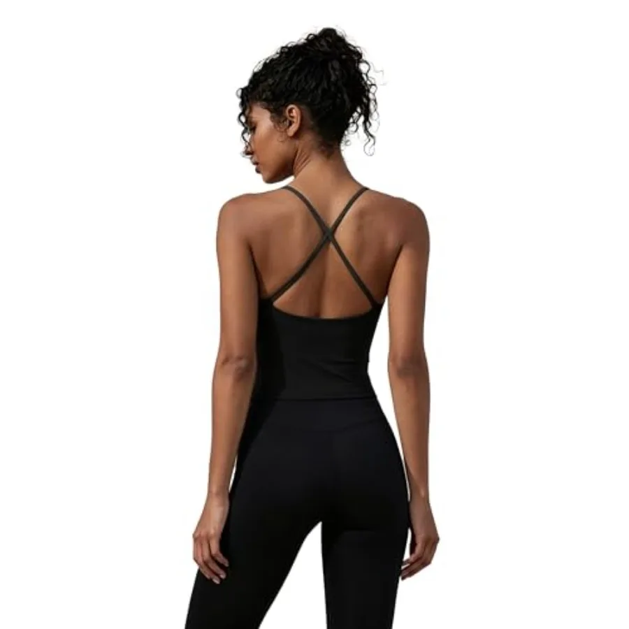 

SUUKSESS Longline Padded Sports Bras Open Back Workout Spaghetti Strap Camisole Tops