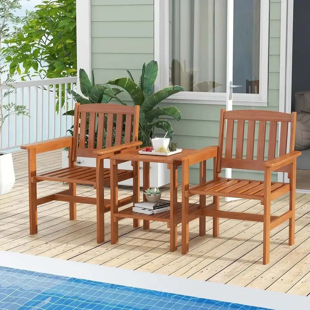 3-Piece Patio Furniture Set: Wooden Outdoor Seating with Table and Umbrella Hole for Garden, Poolside, or Balcony