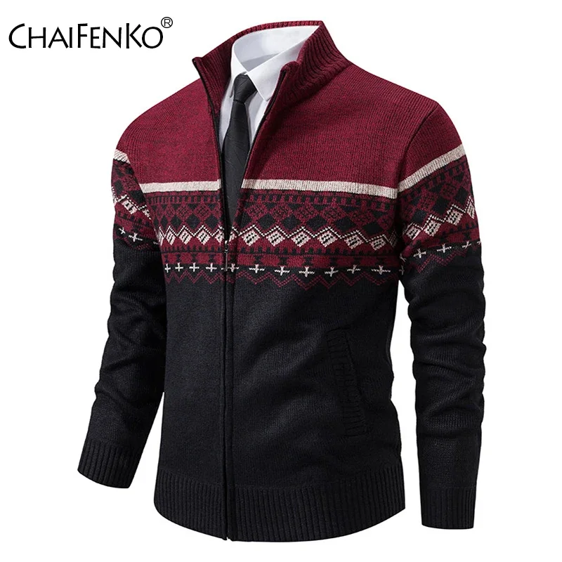 Man Fleece Thickening Cardigan Sweater Autumn Winter Fashion Versatile Stand Collar Tops New Casual Color Block Knitted Coat Men