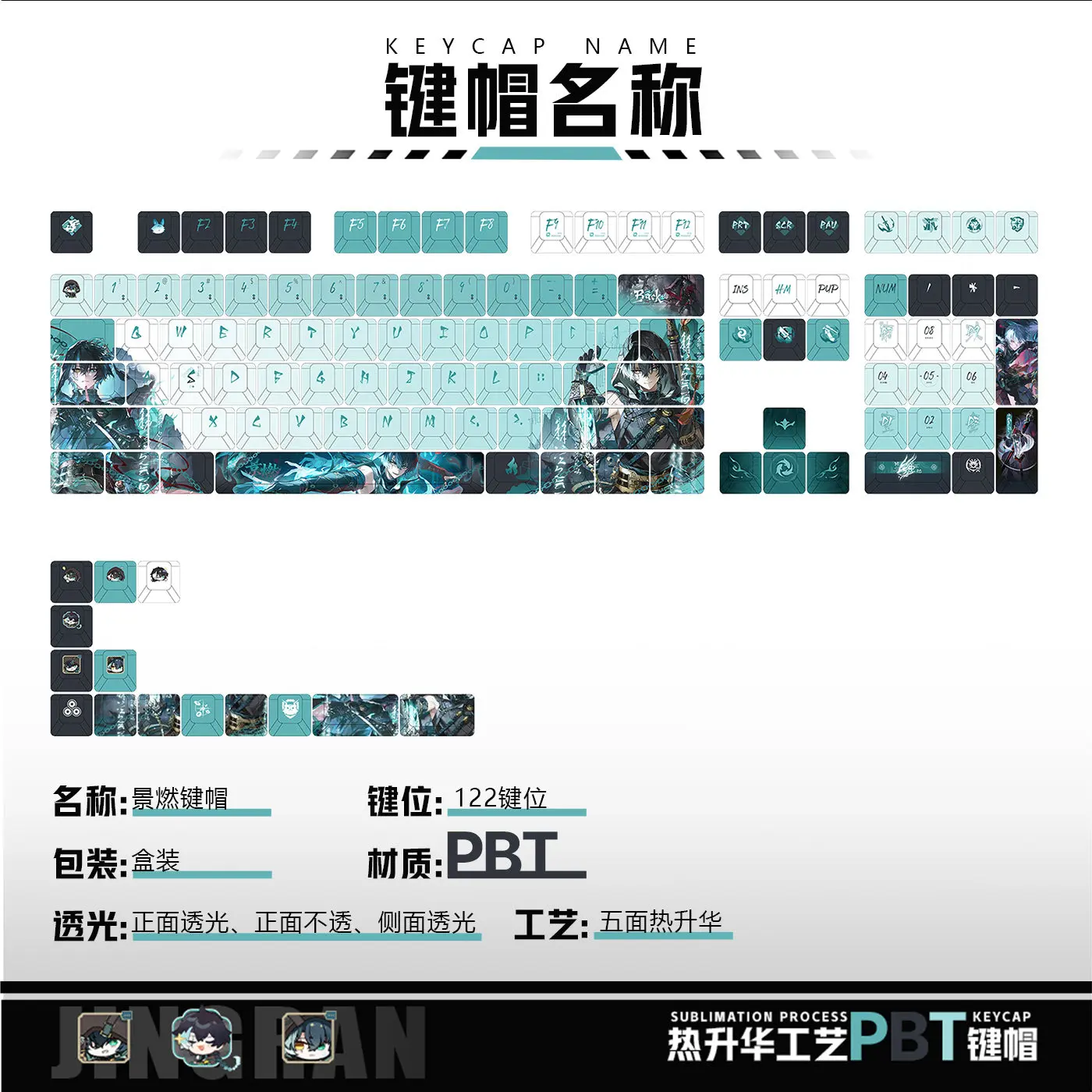 Jingran 122 PBT Keycap Wuthering Waves DYE Sublimation Key Cover Cherry Cross MX Switch Key Caps for Mechanical Keyboard MWWS