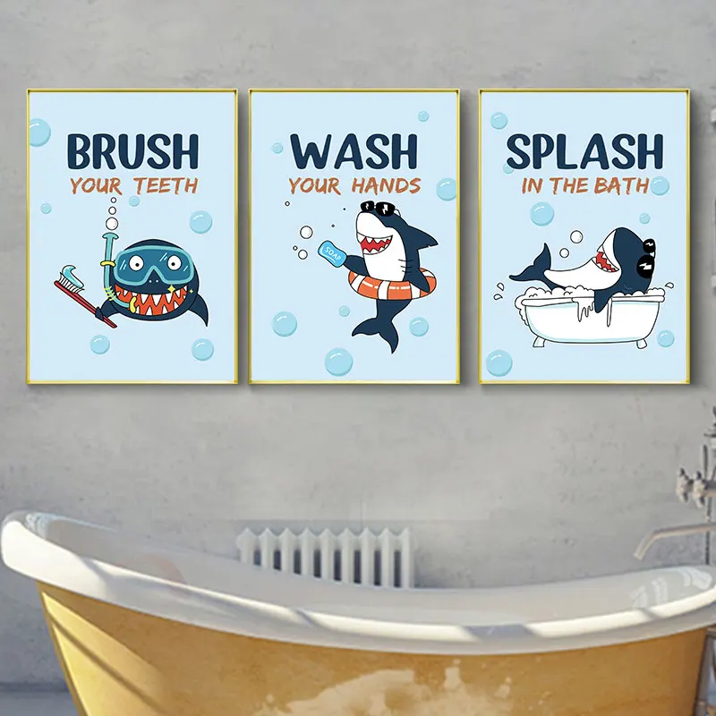 Cute Funny Shark Bathroom Style Canvas Poster Print Modern Playful Quotes Wall Decorative Picture for Nursery Home Art Decor