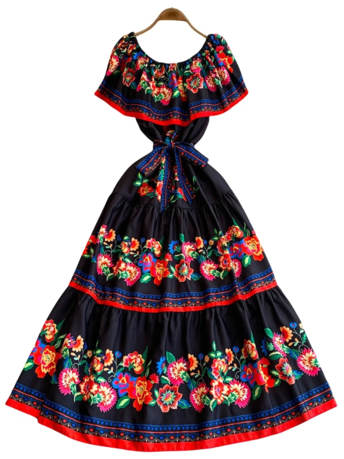Vestido Largo de Verano con Estampado Floral, Un Hombro Descubierto, Cinturón, Estilo Coreano, Cintura Alta, Estilo de Cuento...