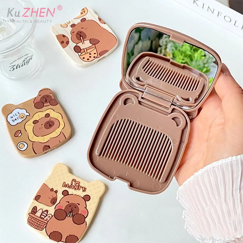 1pc Capybara Flip-Top Handheld Folding Makeup Mirror Cartoon Cute Student Small Mirror Portable Makeup Mirror Comb Gift ForWomen