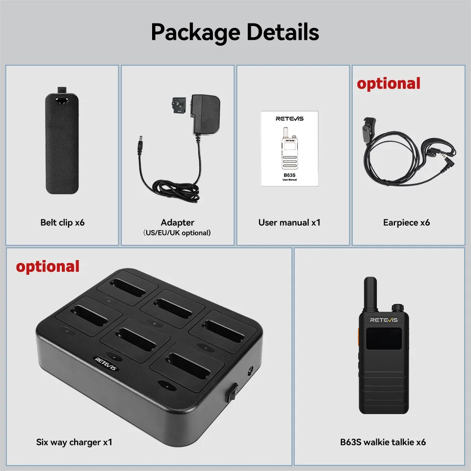 Retevis B63S (3. Generation RT22) Mini-Walkie-Talkies PMR446/FRS Slim LCD-Bildschirm wiederaufladbar für Restaurant Boutique Store (6er-Pack) – Detail 21