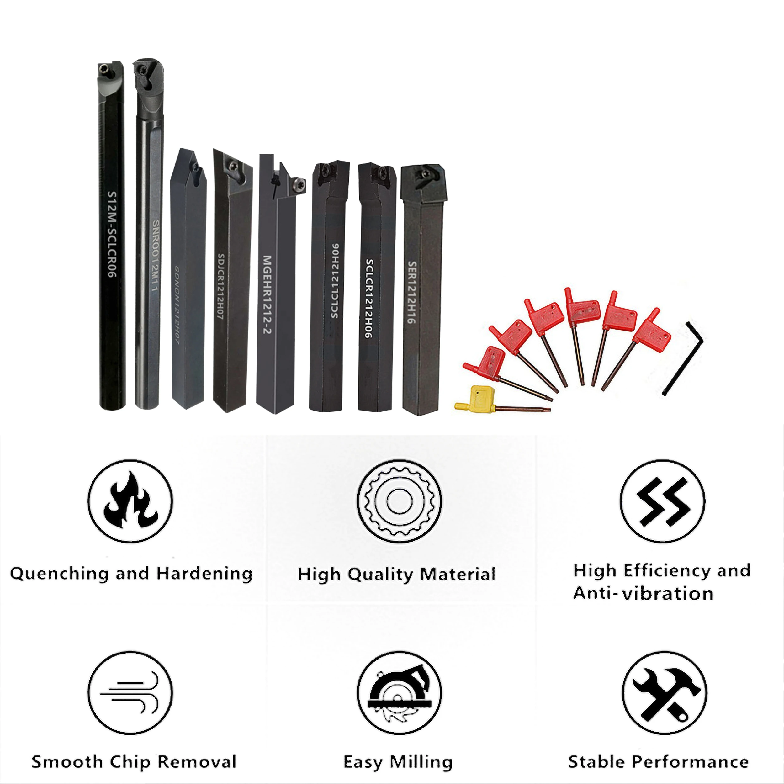 8Sets of 12MM CNC Lathe Turning Tool Holder Boring Bar with Applicable Inserts and Wrenches Set for Turning Threading