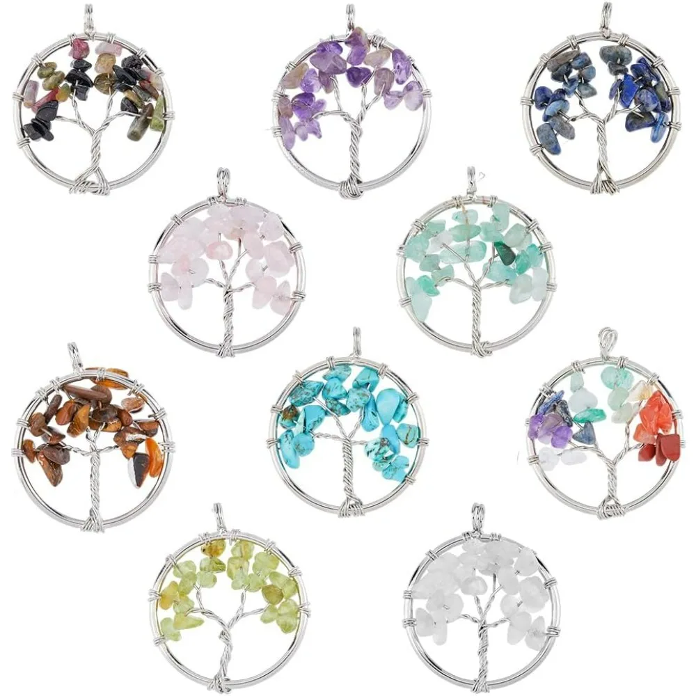 10Pcs 10 Styles Platinum Tone Brass Round Stone Gemstone Chakra Crystal Quartz Pendants Tree of Life Filligree Findings