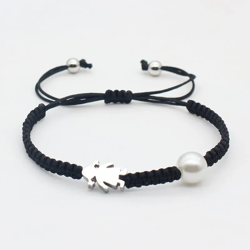 Cute Stainless Steel Little Girl Charm Bracelet Imitation Pearls Braided Adjustable Rope Bracelets for Women Jewelry Gift