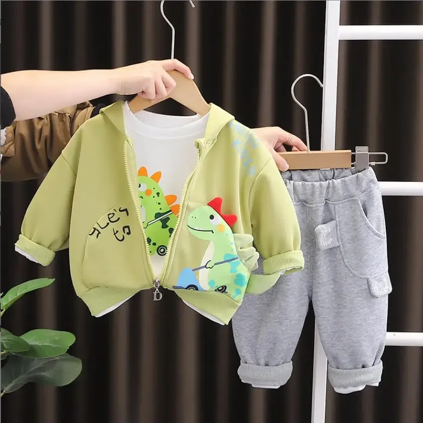 

Boys Dinosaur Tracksuits Spring Autumn Cartoon Print Hooded Zipper Jackets+T-shirt+Pants Toddler Outfits Children Baby Clothing
