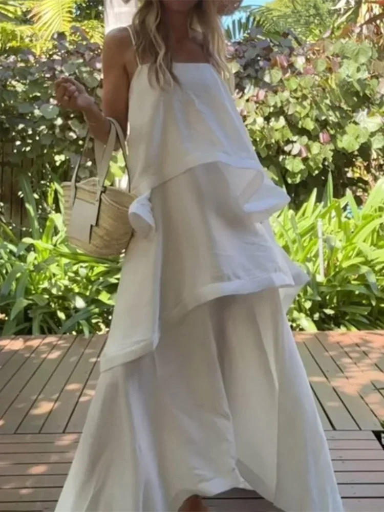 Eleganckie, jednolite sukienki maxi na ramiączkach, damskie, modne, bez rękawów, warstwowe, z falbanami, z odkrytymi ramionami, luźne sukienki letnie, odzież wakacyjna dla kobiet.