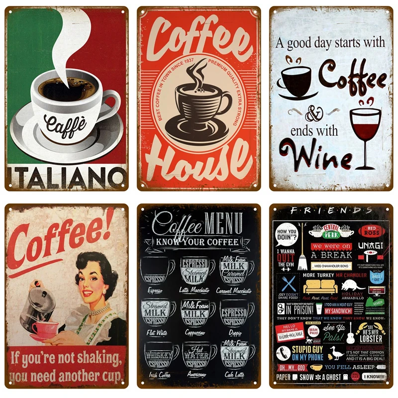 Targhe in metallo Targhe per caffè vintage Decorazioni da parete Poster divertenti Targhe retrò Pittura Coffee Bar Targa Targhe in metallo Decorazioni da parete per la casa Art