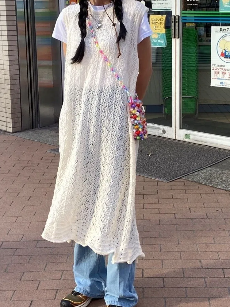 

Нежный японский вязаный свитер-жилет для женщин, ранняя весна 2026, асимметричный, с вырезами, длинный