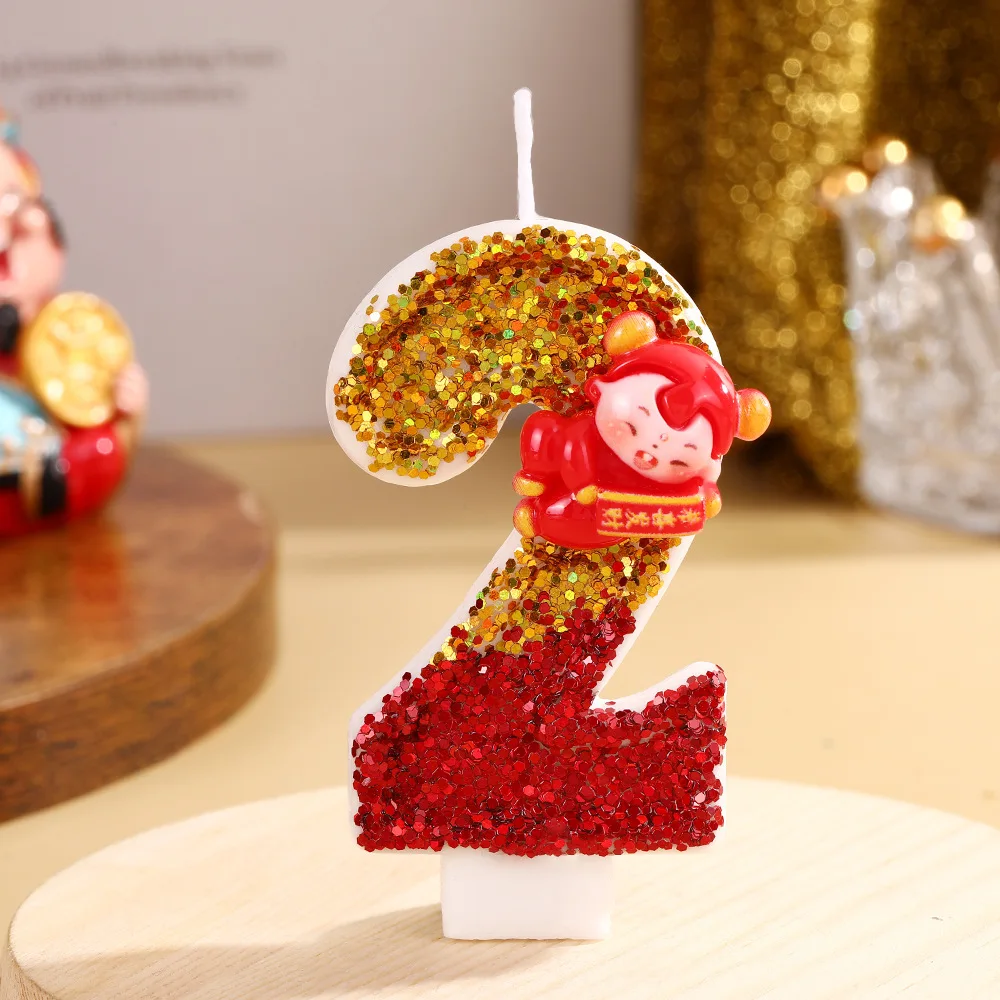 Congratulations And Prosperity Doll Festival Candle Red Gold Color-blocked Sequined Digital Candle Festival Dessert Cake Decor