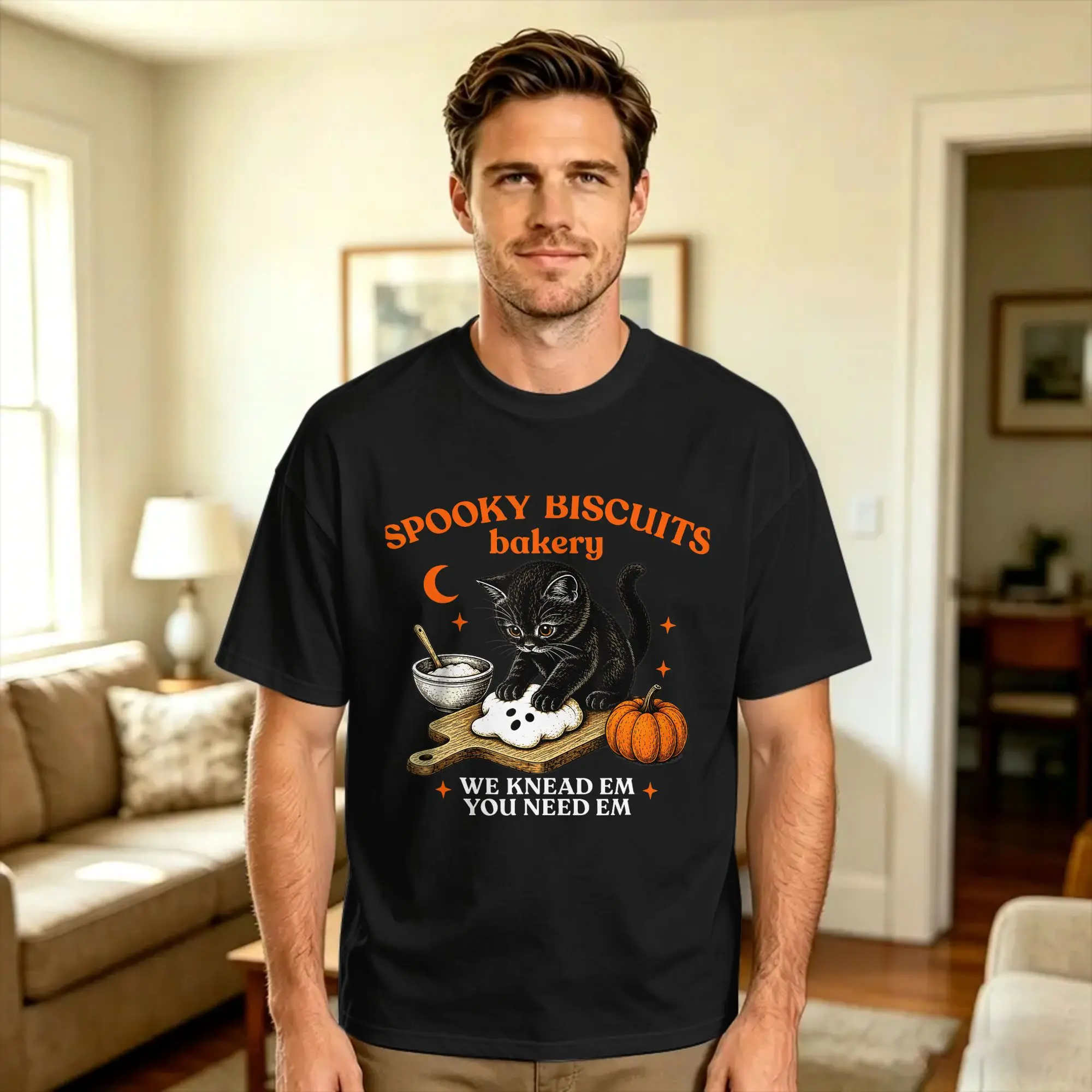 Vintage T-Shirt Kitty Biscuits Spooky Season Spooky Biscuits Bakery Cat Pure Cotton T-Shirts Fashion Tee Shirt Short Sleeve Tees