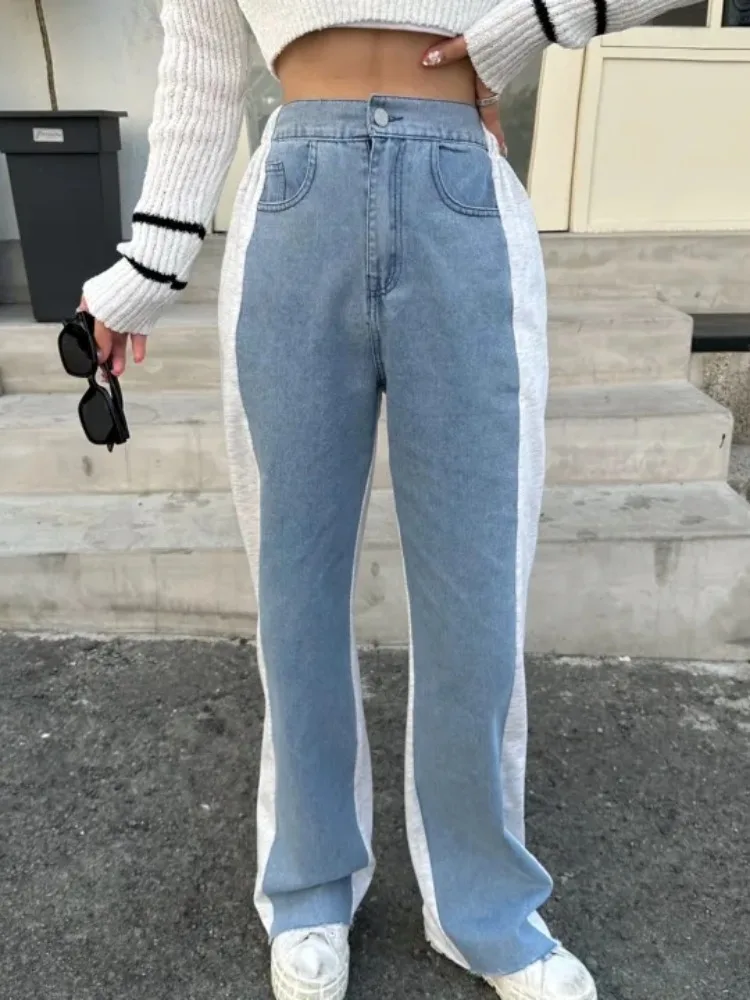 

Женские прямые джинсы, шикарный дизайн, ретро с завышенной передней частью, простые широкие длинные брюки, корейские джинсовые брюки
