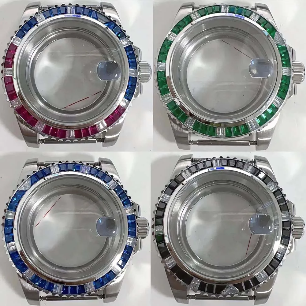 

40mm Watch Case for NH35 NH36 Movement Crystal Bezel Solid/Clear Bottom Unidirectional Rotation Sapphire Glass Case for NH35A