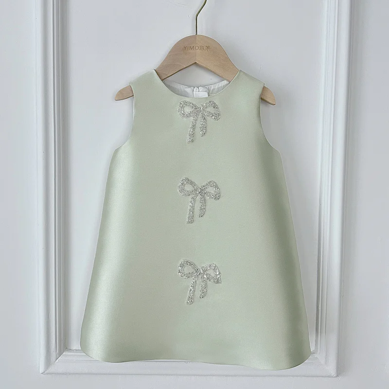 Girls' Simple Avocado Green Sleeveless Korean Style Fresh First Birthday Dress Princess Gown