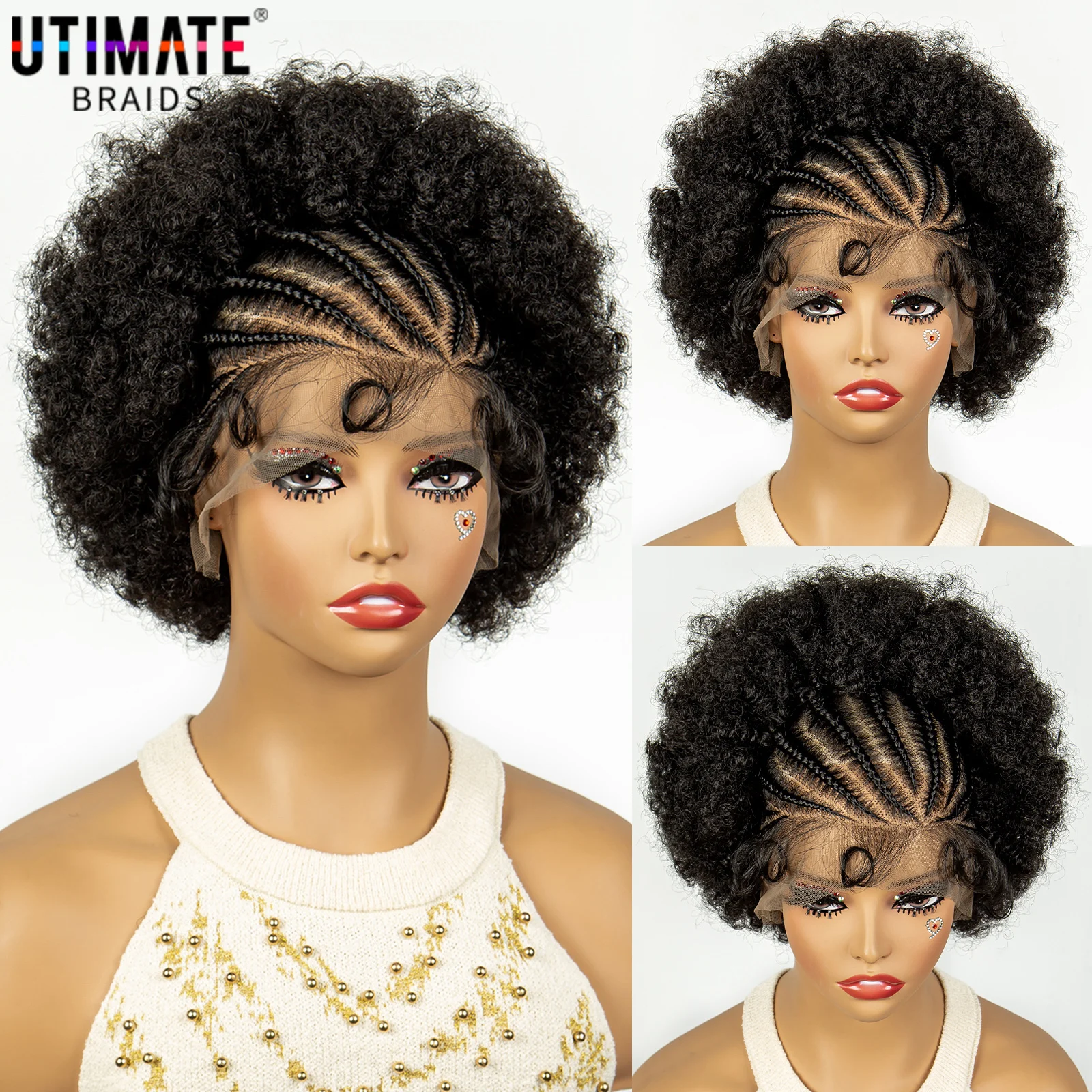 

13x6 Lace Frontal Afro Kinky Curly Braided Wigs for African Women Synthetic Cornrow Braiding Wig with Baby Hair for Black Women