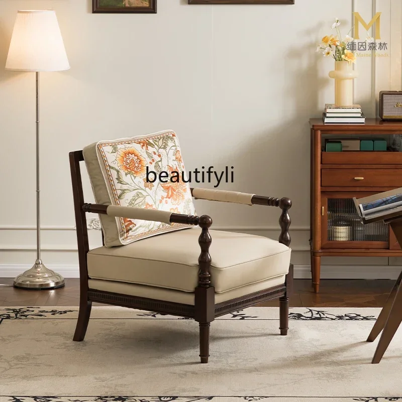 

New style Single Sofa American Fabric Wingback Chair Living Room Leisure Chair Solid Wood Sofa Chair Genuine Leather ss 7304