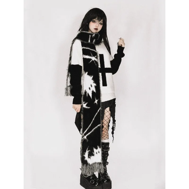 لطيف الكرتون القط وشاح الأصلي رائعتين فو المنك الأوشحة الدافئة الوجهين محبوك طويل Y2K القوطية تأثيري وشاح النساء والرجال