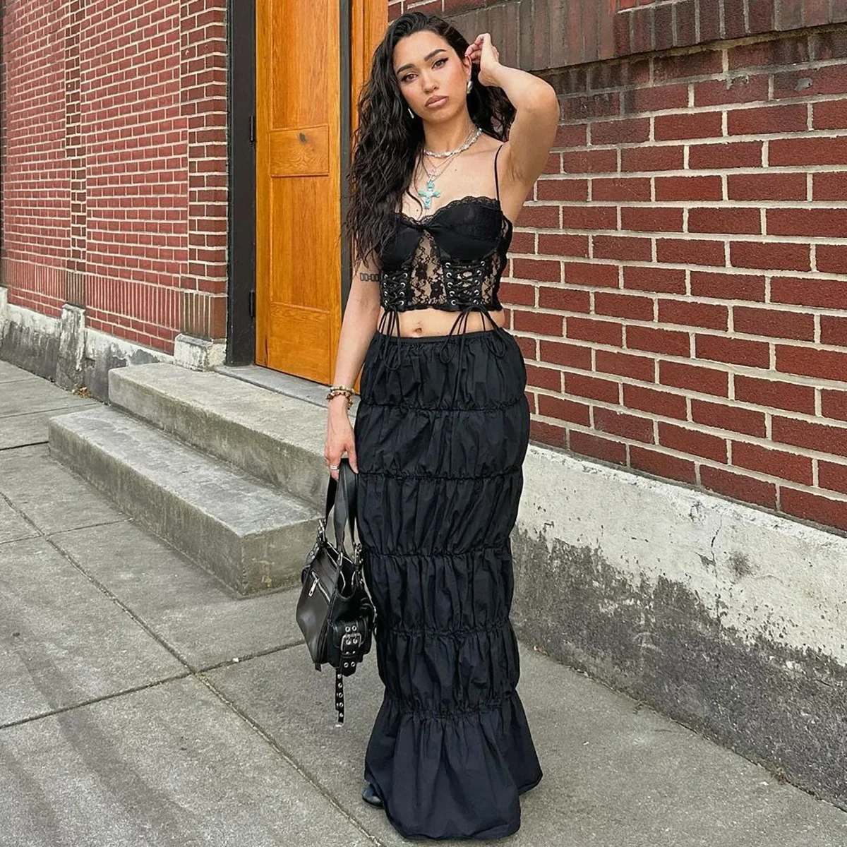 Fashion Pleated Skirt Two Piece Sets Women Sleeveless Crop Tops And Long Skirt Femme Solid Lace-up Two Piece Sets