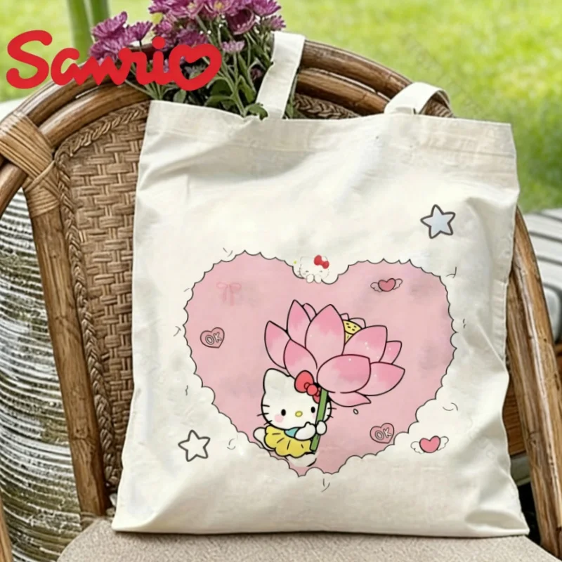 

1PC Sanrio Hello Kitty Canvas Tote Bag Double-sided Lotus Print Eco-friendly Reusable Shoulder Bag