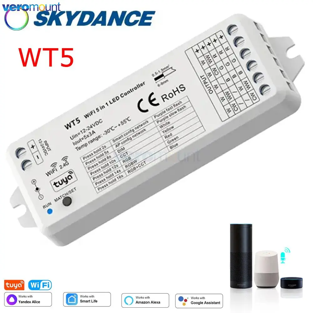 WT5 RGBCCT Controller LED 12V 24V DC 5 in 1 Dimmer RGB CCT RGBW RGBWW Strip Tuya Smart Wifi Voce Cloudy 2.4G RF Telecomando