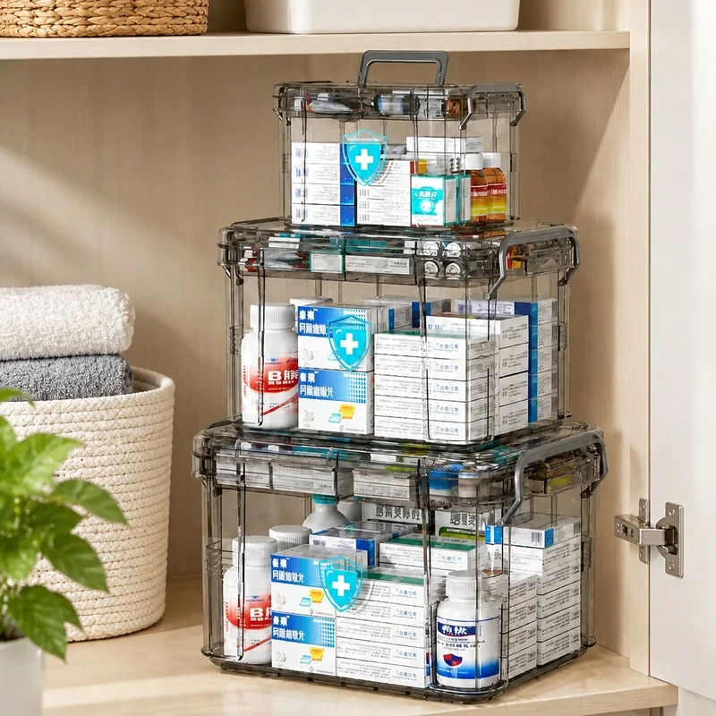 Transparent double-deck waterproof storage box with rectangular cover, crafted from sturdy polypropylene for emergency medical