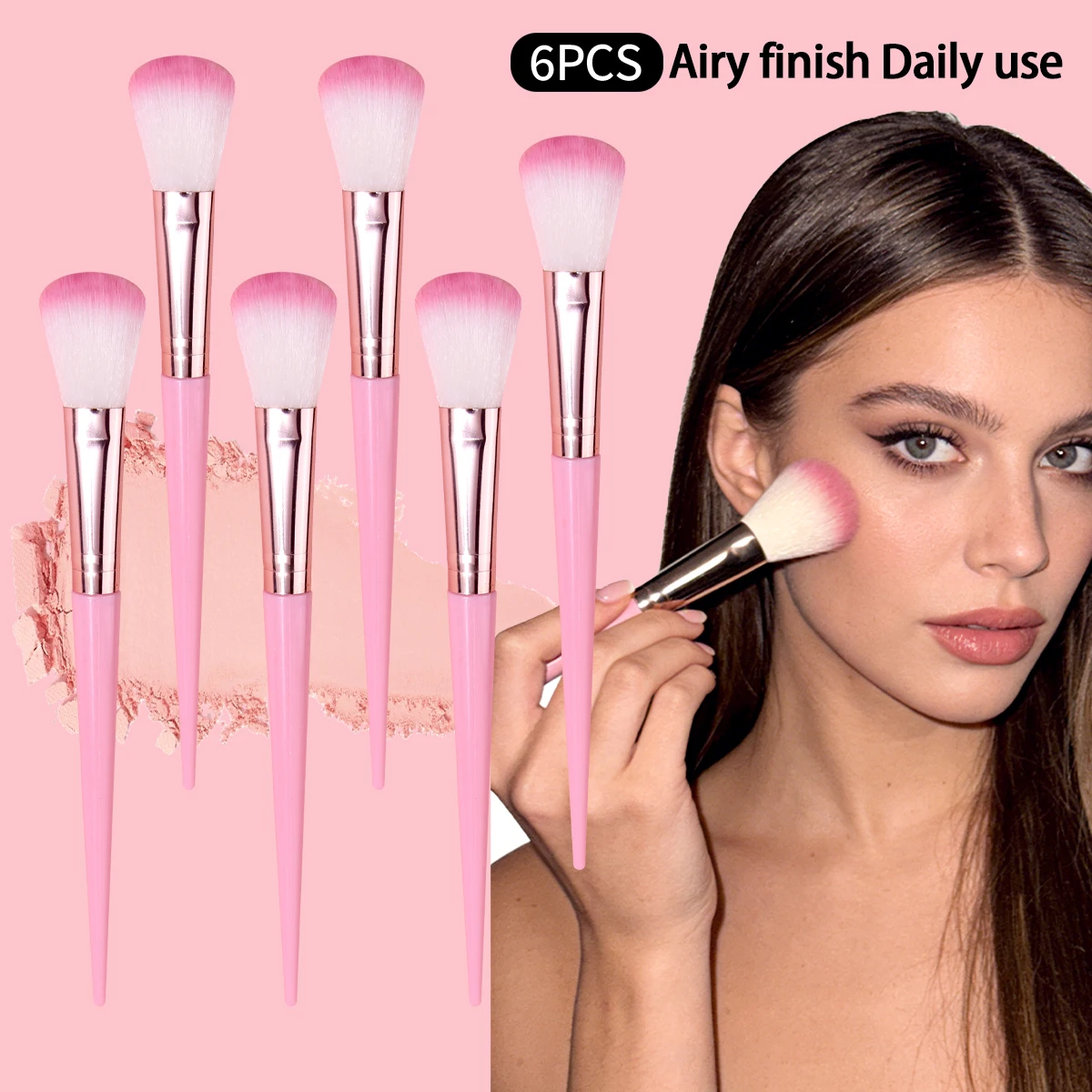 Juego de 6 brochas de maquillaje de uso diario, brochas suaves de pelo rosa para colorete en polvo, acabado aireado e impecable, kit de herramientas cosméticas profesionales para el rostro