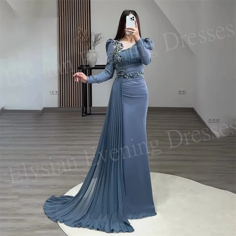 Charming Blue Women\'s Mermaid Evening Dresses Graceful Long Sleeve Pleated Customized Prom Gowns Formal Party Robes De Soirée