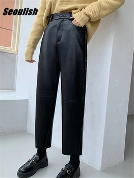 Seoulish Autumn Winter PU Faux Leather Women's Wide Leg Pants High Waist Female Casual Loose Ankle Length Trousers 2023 New 3