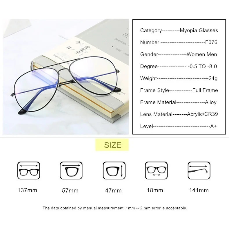 Myopie-Brille, verschreibungspflichtig -0,5 bis -10, für Damen und Herren, schwarzer Legierungsrahmen, photochrome oder blaues Licht blockierende oder Nachtsichtgläser F076 – Detail 15