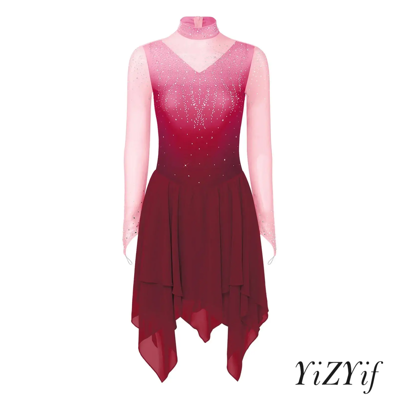 

Rhinestone Gradient Figure Skating Dress for Women Long Sleeve Tiered Irregular Hem Bodysuit Dress Lyrical Ballet Dancewear