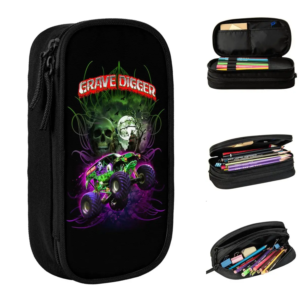 Large-capacity Pen Box Monster Jam Grave Digger Office Accessories Double Layer Pencil Box Girl Makeup Bags Suprise Gift