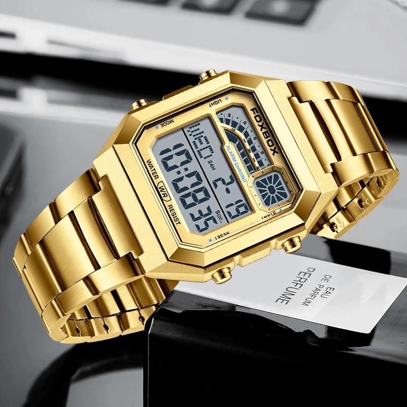 

FOXBOX Digital Man Watch Business Casual Waterproof Luminous 24H Watches for Men Fashion Alarm Electronic Movement Stopwatch+Box