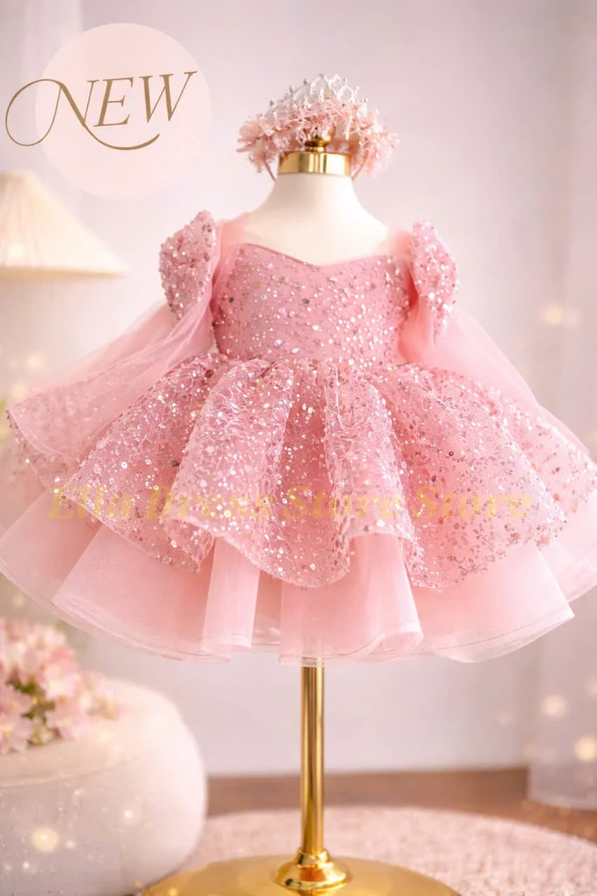 Großhandel Maßgeschneiderte Flauschige Goldene Satin-Blumenmädchenkleider Knielang Hochzeitsfeierkleid Schleife Kleinkind Baby Geburtstag Festzug Ballett – Detail 5