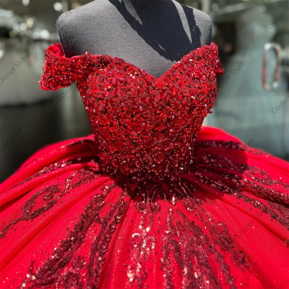 Vestido de baile de quinceañera con lentejuelas Rojas, apliques de encaje, hombros descubiertos, cumpleaños, graduación, dulce, 15, 16