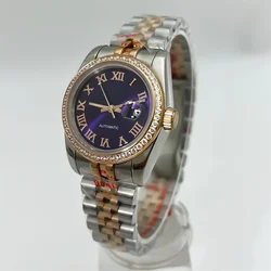 BLIGER 31mm two-tone Rose Gold women's watch NH05 sapphire glass Sunburst purplite black silver dial Roman Index diamondmarkings
