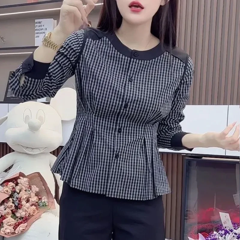 

Women's Clothing Fashionable Long-sleeved Plaid Cardigan Shirt For Women Spring Autumn New Casual Splicing Waist-cinching Top