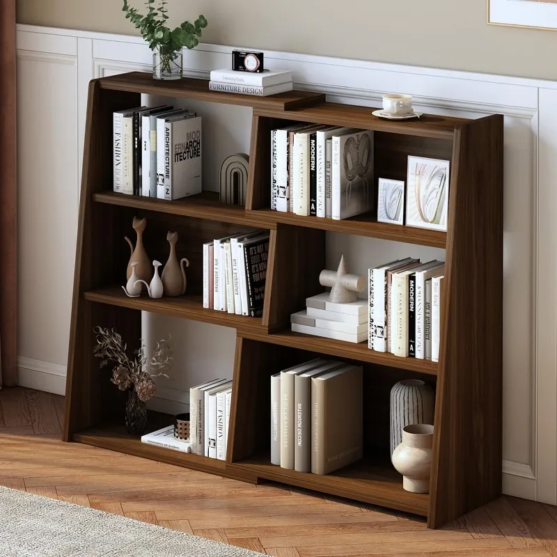 Wooden Extendable Shelf Bookcase - 3-Tier Ladder Low Short Bookshelf for Small Space or Corner, Dark Walnut, S