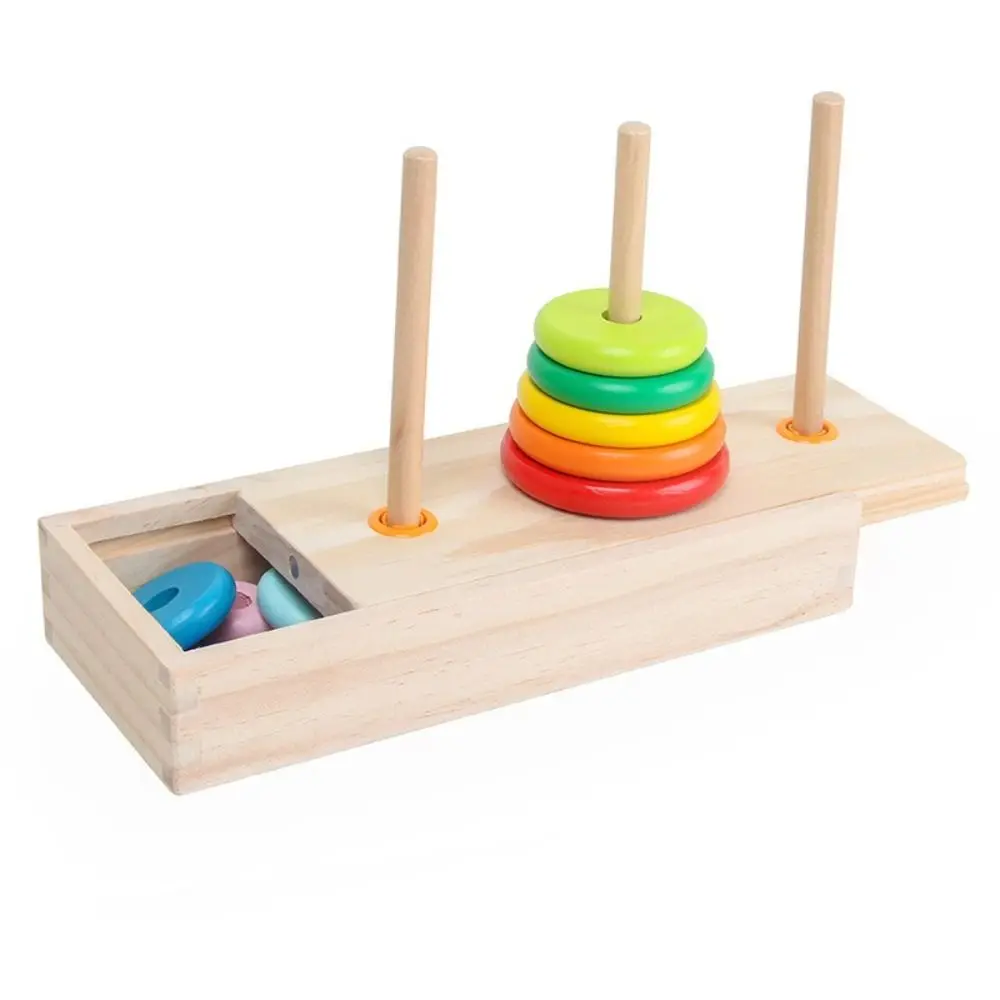 Torre Hanoi de Material de madera, entrenamiento de Motor fino con caja de almacenamiento, juguetes de madera Montessori, colores del arco iris, diseño clásico