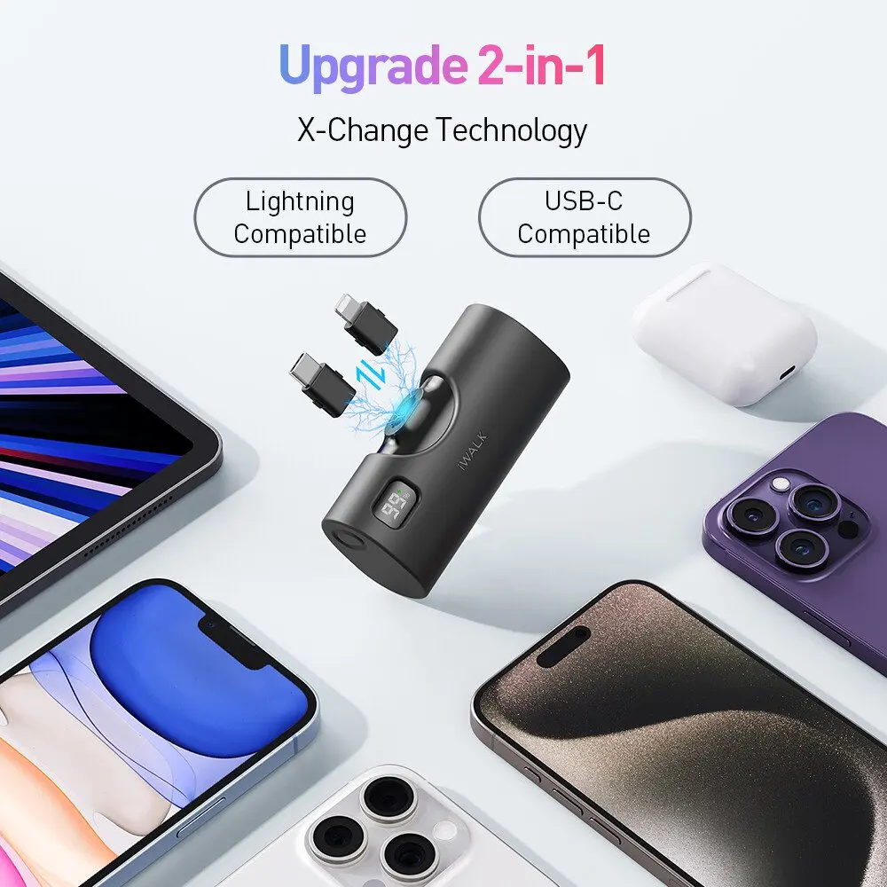 IWALK portable interchangeable connector capsule mobile power bank fast charging 5000mAh suitable for iPhone Lightning